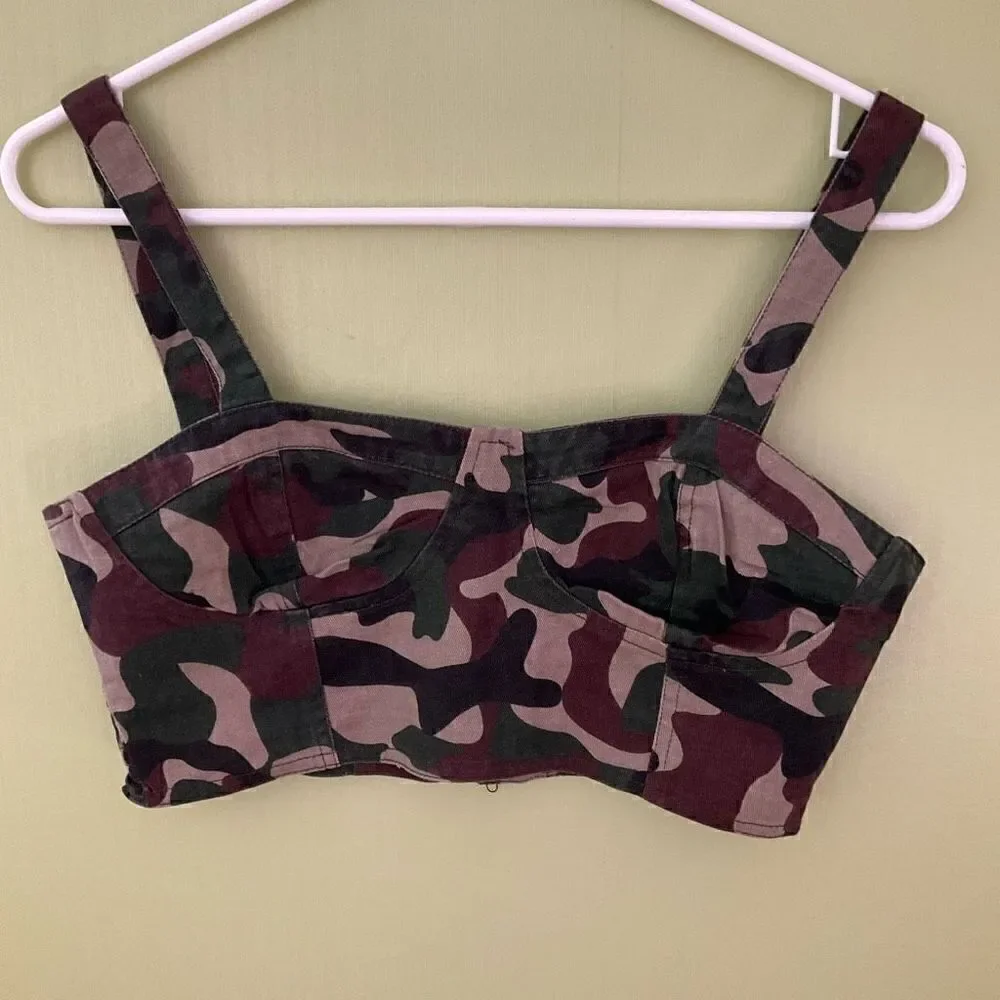 Camo Cropped Bustier, Medium. Smocked Zip up Back. Adorable!